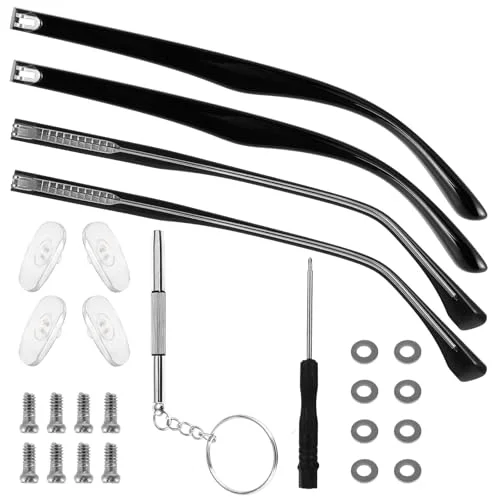 Heclia Glasses Replacement Arms Legs 2 Pairs with Eyeglasses Fix Adjustment Accessories with Temple Anti-Slip Silicone Tips Eyewear Repair Kit With Screws Washers Screwdrivers Nose Pads 1